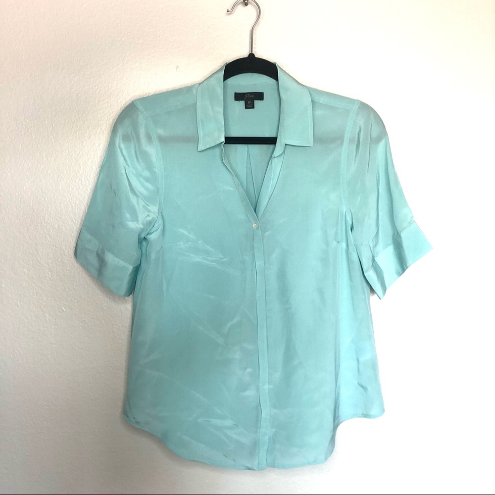 J. Crew 100% Silk Short Sleeve Button Up Shirt in Pale Mint